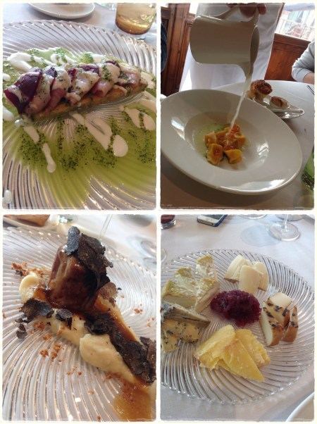 Le Due Colombe, il Salmerino, i Cappelletti in brodo di pesce, lo Stinco di Vitello, i Formaggi - foto L'Arcante